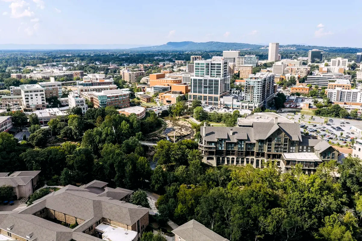Downtown Greenville and the Reedy River from the air