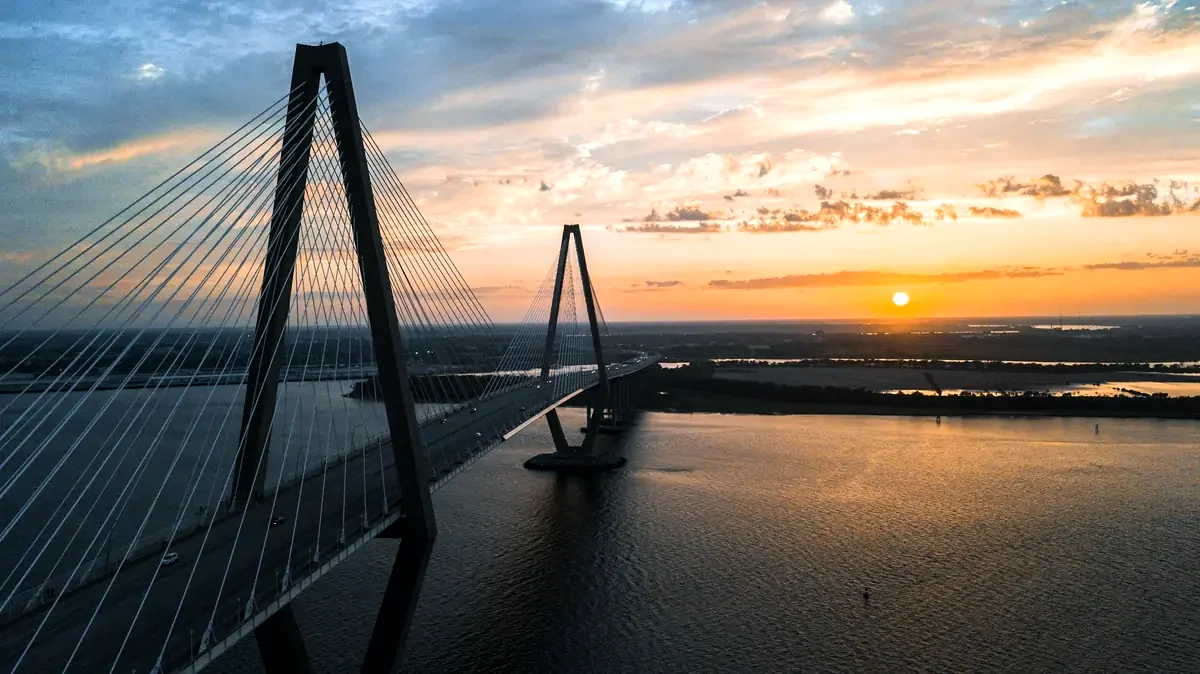 The Ravenel Bridge at sunset from Mount Pleasant