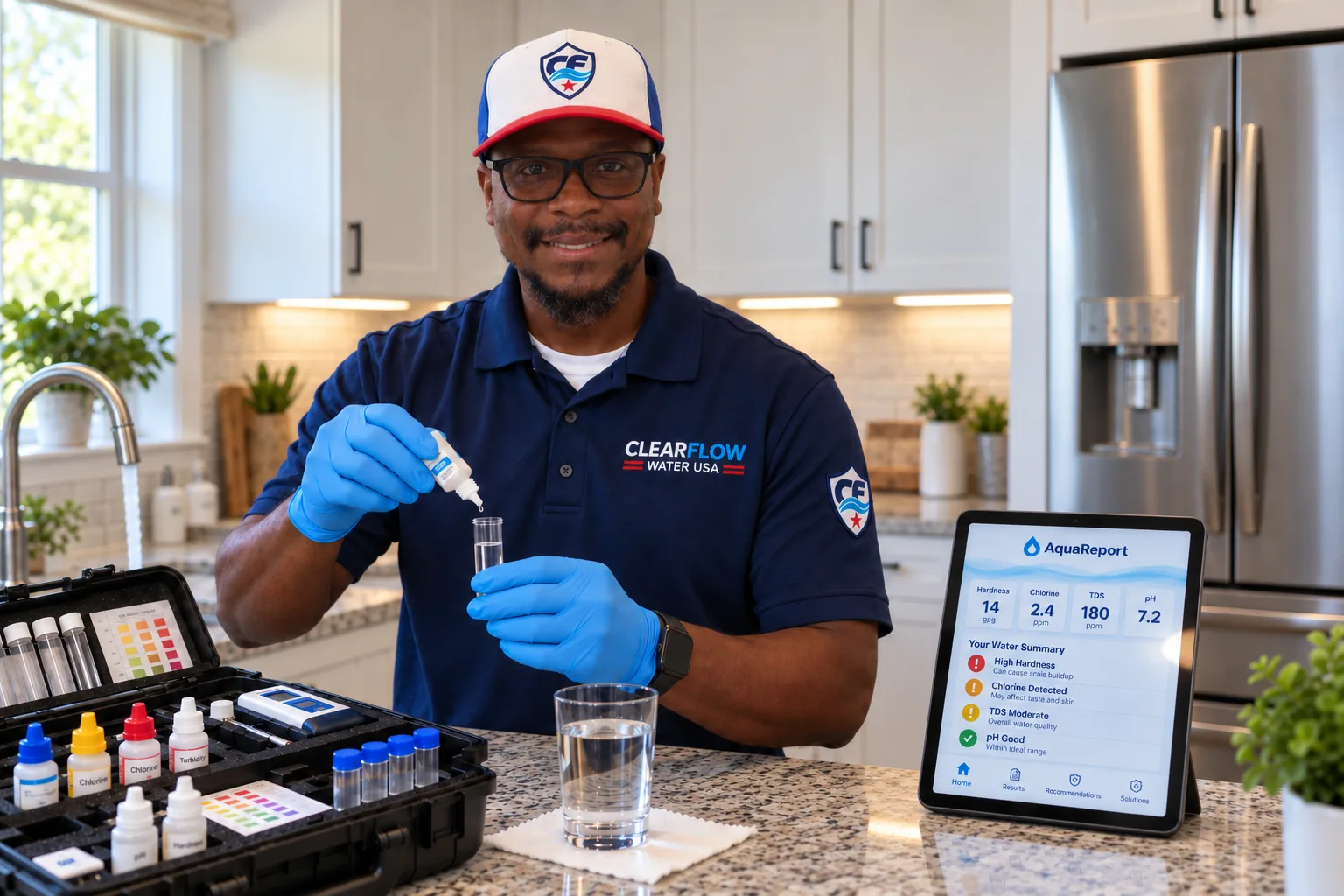 Illustration of a ClearFlow water specialist running an in-home water test at a kitchen counter.