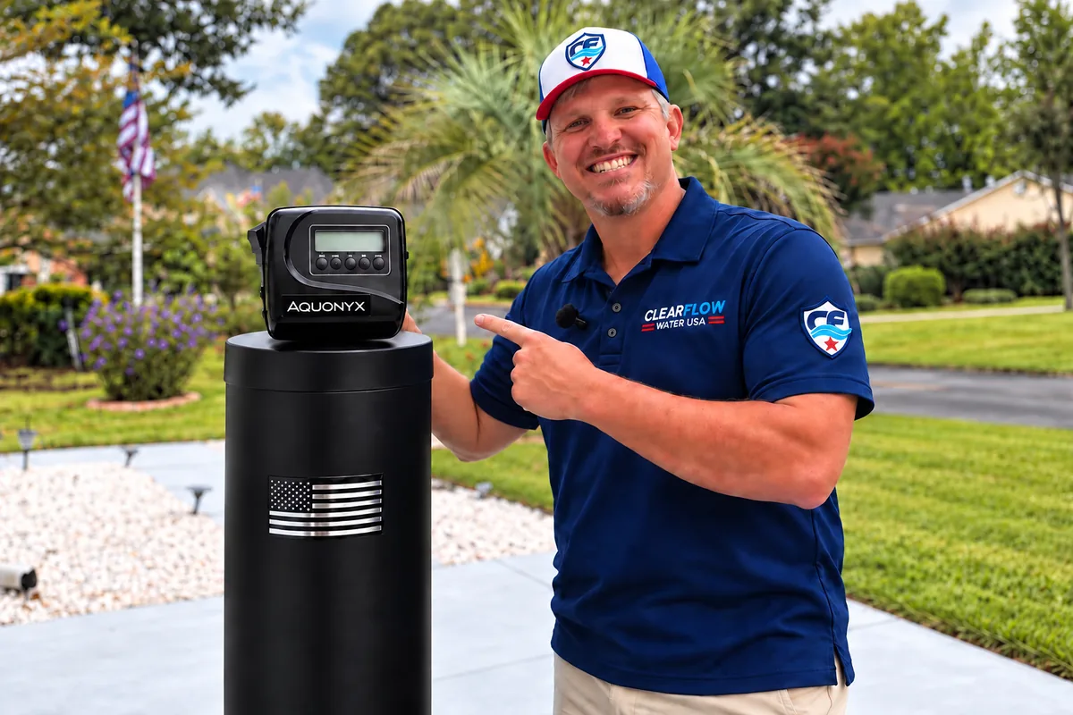 A ClearFlow Water USA specialist with an Aquonyx filter and softener system