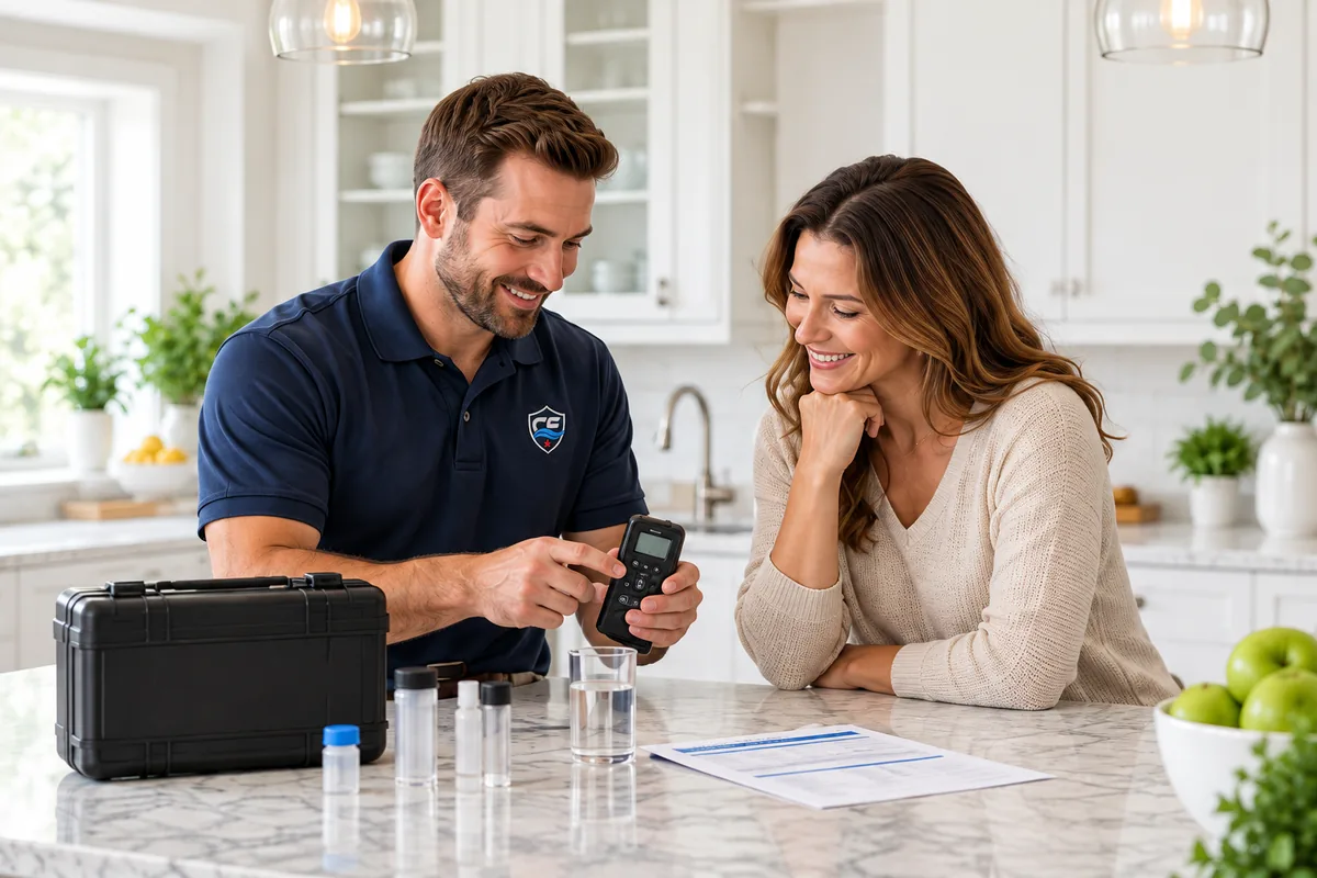Illustration of a water specialist explaining a meter reading to a homeowner at a kitchen counter