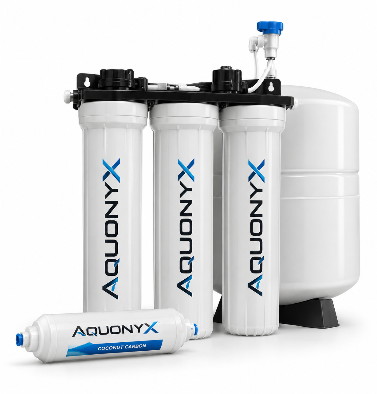 Aquonyx white drinking water filtration assembly, storage tank, and inline coconut carbon cartridge.