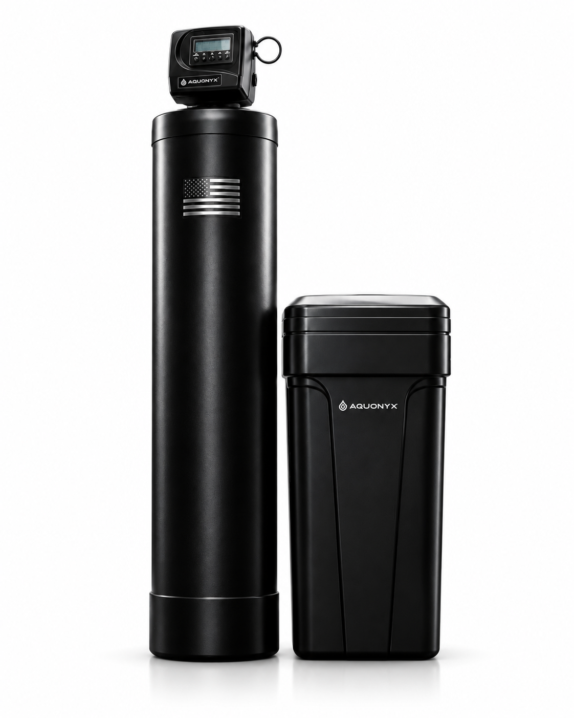 Aquonyx black filter and softener combination tank with digital control head and matching brine tank.