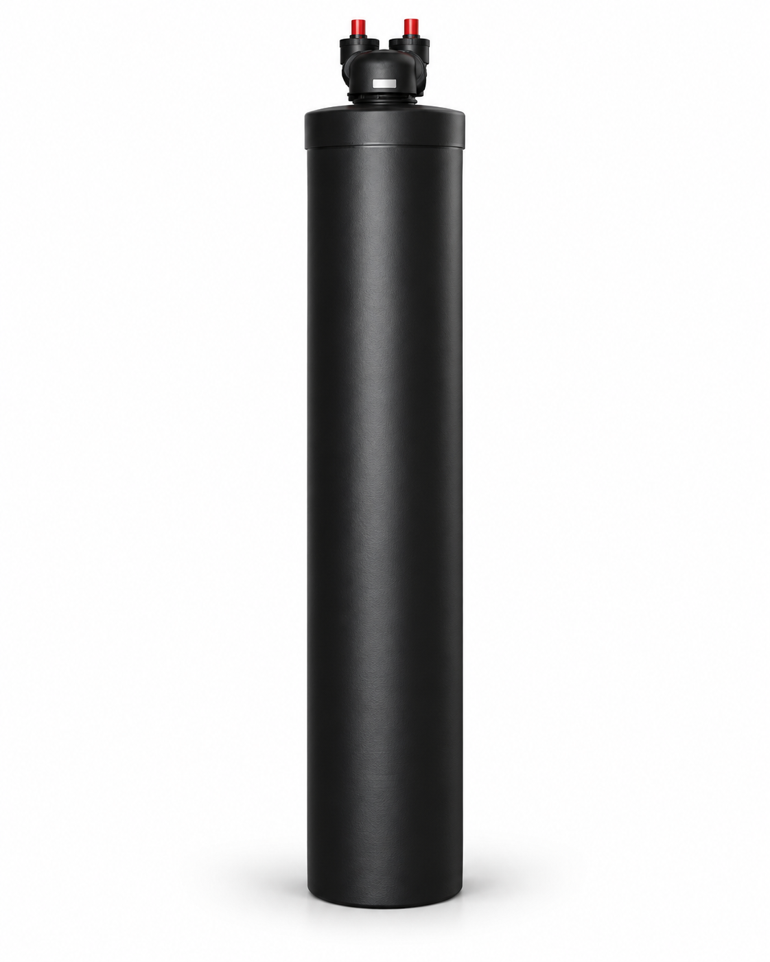 Black whole-home filtration tank with two red-capped connections.